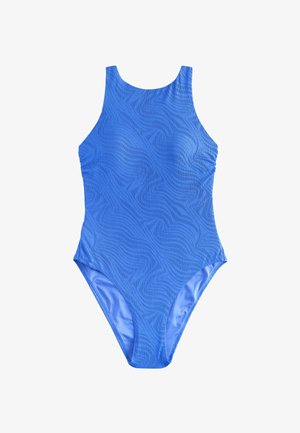 Costume intero blu con un sottile motivo a onde e collo alto, mostrato su sfondo bianco.
