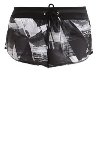 Mustat ja valkoiset kuviolliset uimalahkeet, joissa on kiristysnyöri vyötäröllä ja pehmeä kangas. Ominaisuuksiin kuuluu kulmikkaita muotoja ja kevyt rakenne.