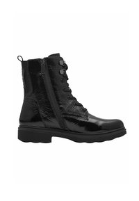 Bottines noires à la finition laquée brillante, avec un laçage à l'avant, une fermeture éclair sur le côté, une semelle robuste et une conception à bout rond.