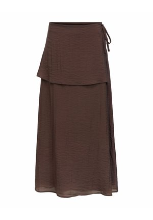 Jupe midi portefeuille marron en tissu texturé avec fermeture à nouer sur le côté, présentant un design à couches superposées.