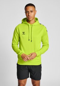 Helle limegrüne Kapuzenjacke mit langen Ärmeln, verstellbaren Kordeln und schwarzem Logo. Verfügt über schwarze Akzente an den Schultern und Seiten.