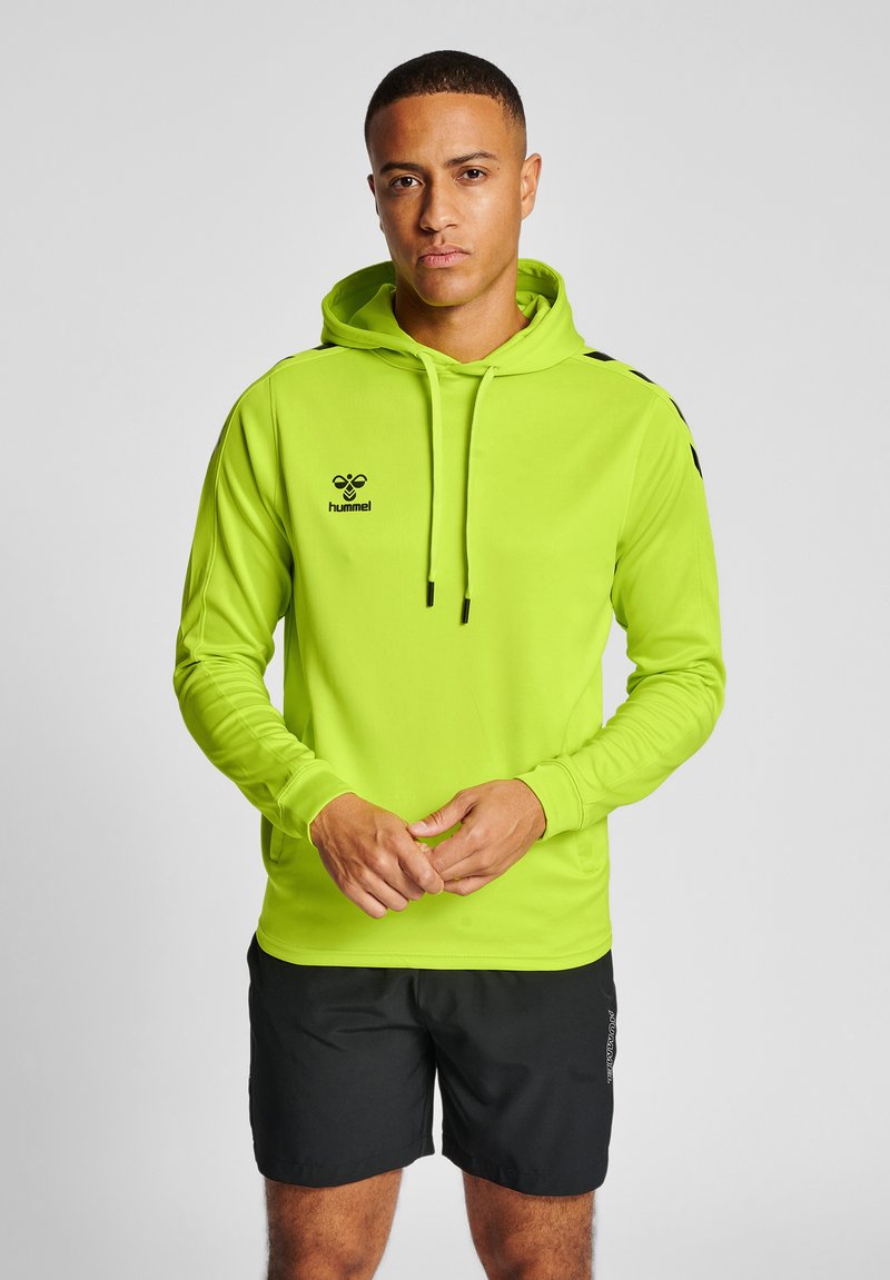 Helle limegrüne Kapuzenjacke mit langen Ärmeln, verstellbaren Kordeln und schwarzem Logo. Verfügt über schwarze Akzente an den Schultern und Seiten.