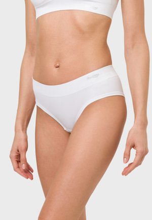 White cotton bikini briefs with a smooth elastic waistband, featuring a simplified design and no visible seams for comfort.