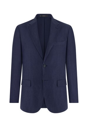 Blazer da uomo blu navy monopetto con rever a lancia, due tasche frontali con patta, una tasca sul petto e due bottoni.