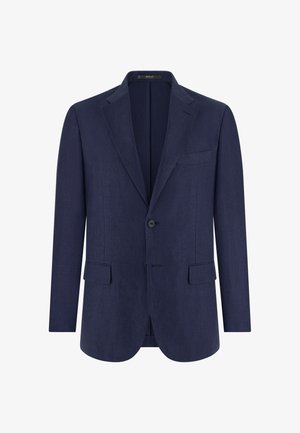 Einreihiger marineblauer Herrenblazer mit Kerbkragen, zwei vorderen Pattentaschen, einer Brusttasche und zwei Knöpfen.