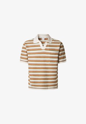 Short-sleeve knitted polo shirt featuring horizontal stripes in orange, green, and cream, with a white collar and a V-neck design.