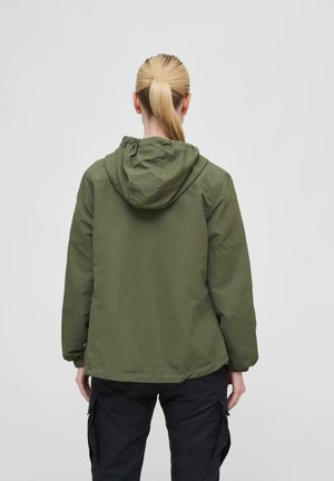 Olive green hooded jacket featuring a relaxed fit, elastic cuffs, and a smooth, lightweight fabric. Back view shows minimal design details.