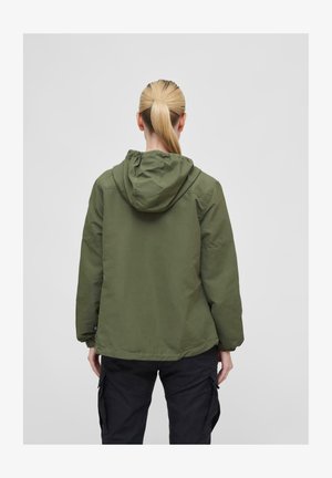 Olive green hooded jacket featuring a relaxed fit, elastic cuffs, and a smooth, lightweight fabric. Back view shows minimal design details.