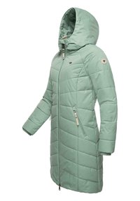 Mynta-grön puffjacka med huva, quiltat mönster, framzipper och sidofickor. Har en rund logotyp på ärmen.