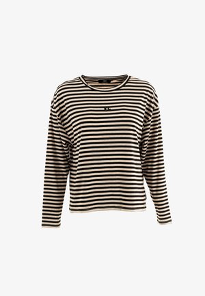 Gestreepte lange mouwen shirt in beige met zwarte horizontale strepen, met een ronde hals en een klein logo op de voorkant. Zachte stoftextuur.