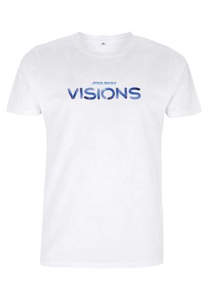 Hvid bomulds t-shirt med "STAR WARS" tekst i sort og "VISIONS" i blå med en struktureret finish i midten. Korte ærmer, rund hals.