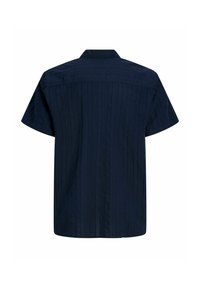 Chemise bleu marine à manches courtes avec col vue de dos, avec un ourlet droit et une texture verticale subtile.