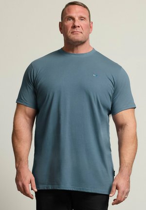 Muscular man wearing a plain blue short-sleeve t-shirt standing against a neutral background, facing forward with a neutral expression.