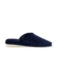Pantofole blu navy in tessuto liscio, con piccoli pois bianchi, tacco aperto e suola bianca a contrasto.