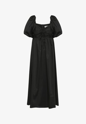 Crna haljina sa kvadratnim dekolteom, napuhanim rukavima i detaljem s vratima u struku. Napravljena od glatkog materijala s dizajnom do poda.