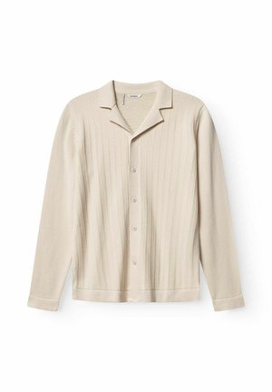 Beige hosszú ujjú kardigán texturált bordás mintával, kivágott gallérral és öt gombbal az elején. Puha anyag, laza szabás.