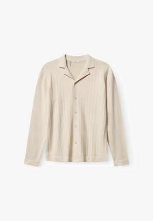 Beige long-sleeve cardigan with a textured ribbed design, a notched collar, and five buttons along the front. Soft fabric, relaxed fit.