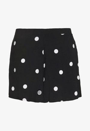 Czarne szorty o luźnym kroju, z dużymi białymi groszkami, kieszeniami po bokach i gładką fakturą.