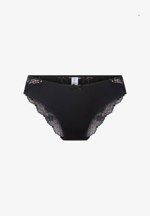 Zwarte lingerie met kantafwerking en een bloemenpatroon in paars en roze. De voorkant heeft een klein strikkoordje en een gladde stofafwerking.