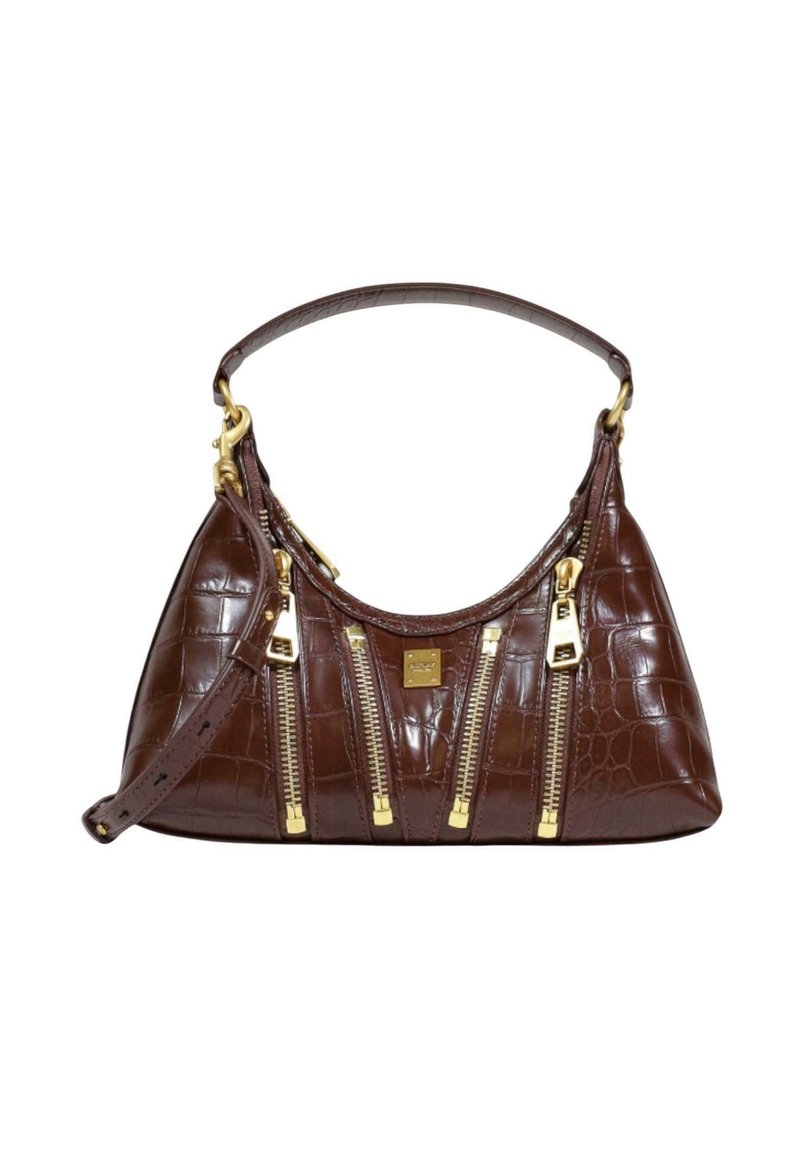 Sac à main en simili-crocodile marron avec une forme courbée, des fermetures éclair dorées et une poignée supérieure. Comprend une bandoulière amovible pour plus de polyvalence.