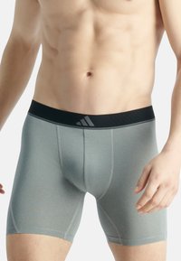 Boxer briefs grigi atletici con una cintura elastica nera che presenta un logo sottile, texture liscia e design aderente.