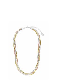 Collana a catena tricolore intrecciata con fili d'argento, oro e oro rosa, dotata di chiusura a moschettone e prolunga regolabile.