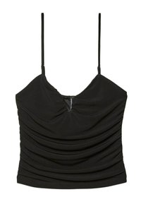 Top nero senza maniche con spalline sottili, caratterizzato da una texture arricciata e un dettaglio di raccolta centrale sullo scollo. Tessuto morbido.
