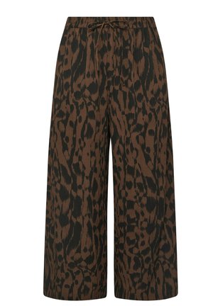 Weite Hosen im braun-schwarzen Leopardenmuster. Mit einem Kordelzugbund. Hergestellt aus einem leichten, strukturierten Stoff.