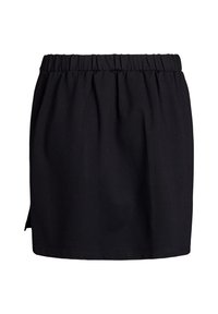 Černá sukně s elastickým pasem, která má nabíraný střih a krátkou délku. Hladká textura a minimalistický styl bez viditelných akcentů.