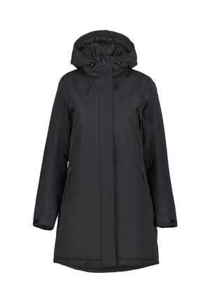 Zwarte waterdichte parka met een trekkoordcapuchon, twee zijzakken met rits en een relaxte pasvorm. Glad, matte textuur met een lengte tot halverwege de dij.
