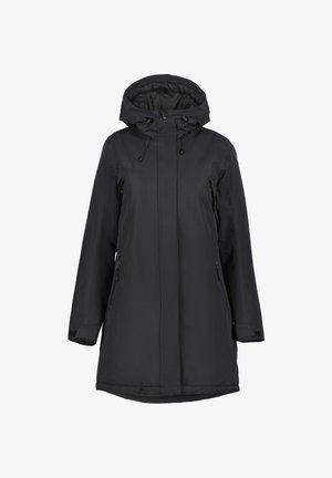 Černá voděodolná parka s kapucí na šňůrku, dvěma bočními zipovými kapsami a uvolněným střihem. Hladká, matná textura a délka do poloviny stehna.