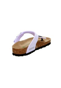 Purple flip-flop sandal with a textured cork footbed, white strap, and black rubber outsole. Features a circular metal accent on the strap.