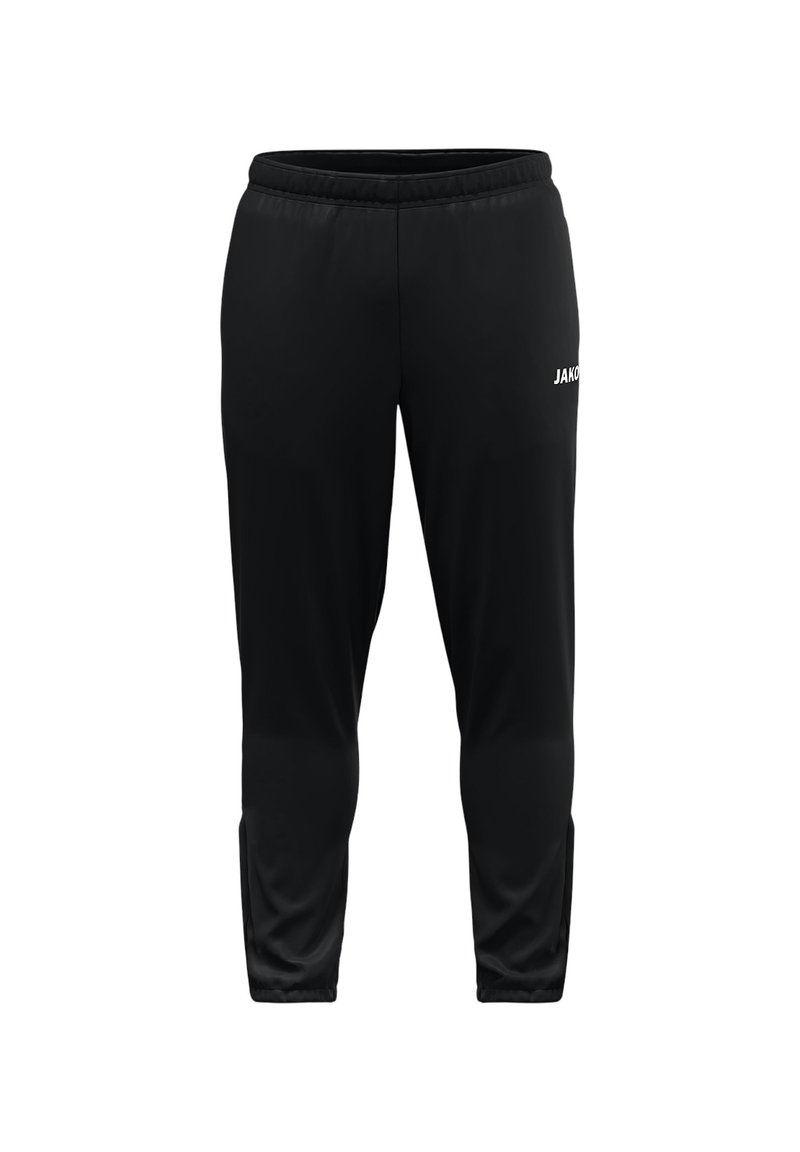 Pantalons de sport noirs en tissu léger avec une taille élastique. Présente un logo blanc "JAKO" sur la cuisse supérieure.