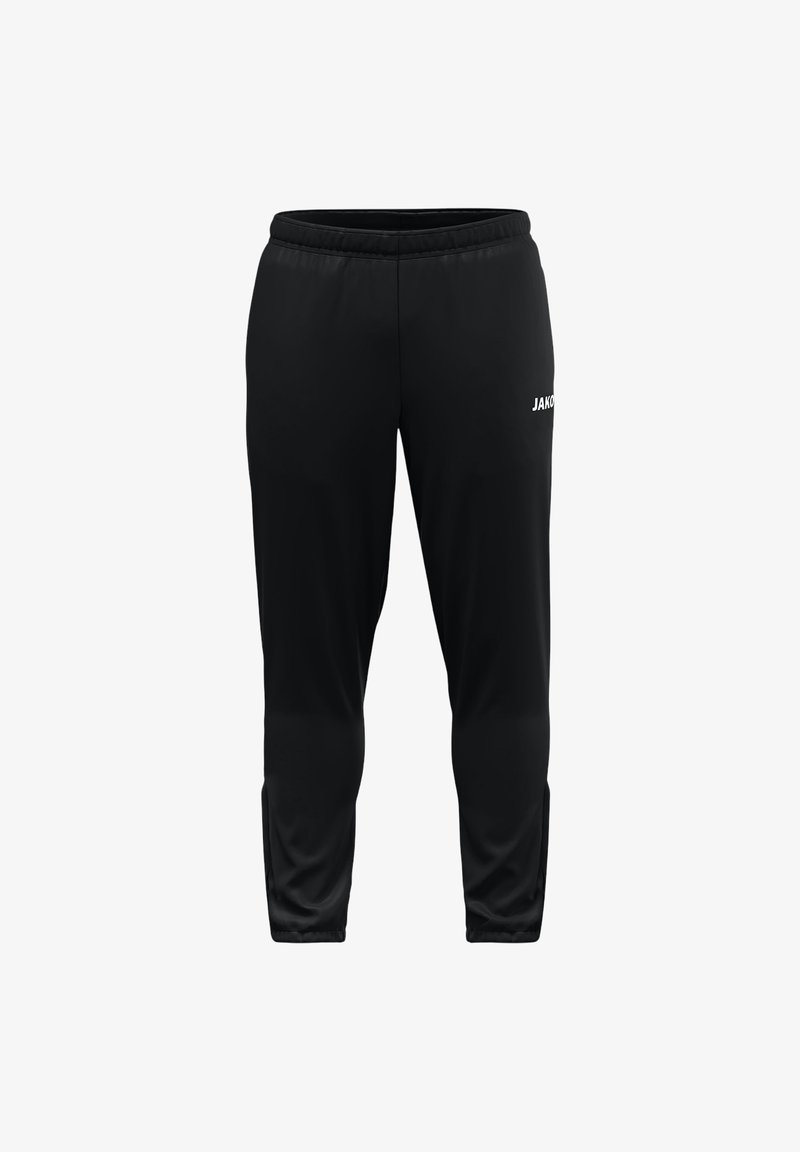 Zwarte sportbroeken van lichtgewicht stof met een elastische tailleband. Voorzien van een wit "JAKO" logo op de bovenbeen.