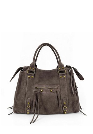 Sac à main en daim marron foncé avec doubles poignées, poche avant zippée, sangles décoratives, et détails en laiton sur boutons et boucles.
