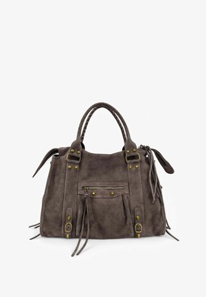 Sac à main en daim marron foncé avec doubles poignées, poche avant zippée, sangles décoratives, et détails en laiton sur boutons et boucles.
