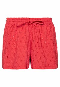 Pantalones cortos de algodón rojo con cinturilla elástica y cordón de ajuste. Presenta un patrón texturizado con detalles recortados en toda la prenda.