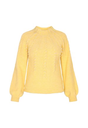 Dzeltena adīta džemperis ar apaļu kakla izgriezumu, kuram ir saliekuma adījuma raksti un dekoratīvas pērlītes akcenti priekšpusē un puffed piedurknes.