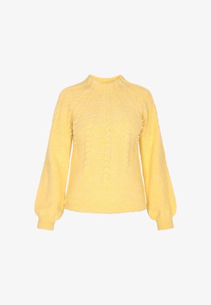 Suéter amarillo de punto con cuello redondo, con patrones de trenzado y acentos decorativos de perlas en la parte delantera y mangas abullonadas.