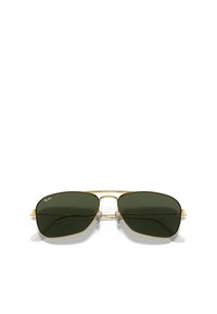 Occhiali da sole Ray-Ban con montatura in metallo dorato, lenti verde scuro e naselli trasparenti. Design angolare con doppio ponte e dettaglio del logo.