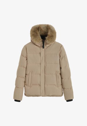 Doudoune beige avec matelassage horizontal, deux poches avant, fermeture éclair intégrale sur le devant, et grand col en fausse fourrure détachable.