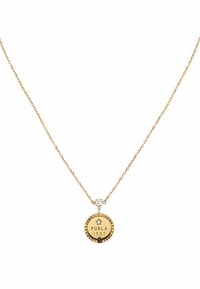 Goldene Kettenhalskette mit einem runden Anhänger mit strukturierten Kanten, graviert mit "FURLA 1927" und verziert mit einem kleinen Diamantakzent.
