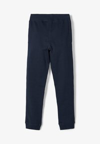 Dunkelblaues Baumwoll-Leggings mit weicher Textur, elastischem Bund und eng anliegenden Fußabschlüssen. Einfaches Design, ohne Muster oder Akzente.