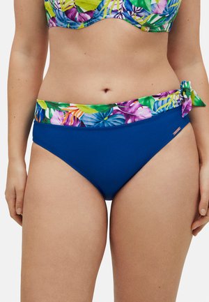 Parte inferior de bikini azul con una cinturilla floral multicolor y un detalle de lazo. Tela suave con costuras en los bordes.