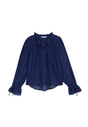 Himmelblaues Langarmblusenshirt mit Rüschendetails, Rüschenkragen und gerafften Manschetten, die mit Stoff gebunden sind. Leichte, leicht durchsichtige Textur.