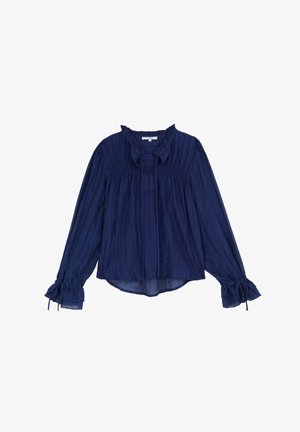 Marineblauwe blouse met lange mouwen, voorzien van smockdetails, een gerimpelde kraag en ingezamelde manchetten die zijn vastgebonden met stof. Lichtgewicht, iets doorschijnende textuur.