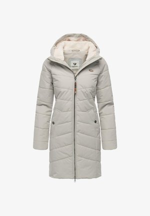Cappotto grigio imbottito con zip frontale, due tasche laterali e cappuccio. L'interno presenta una morbida fodera color crema. Motivo a rombi trapuntato.