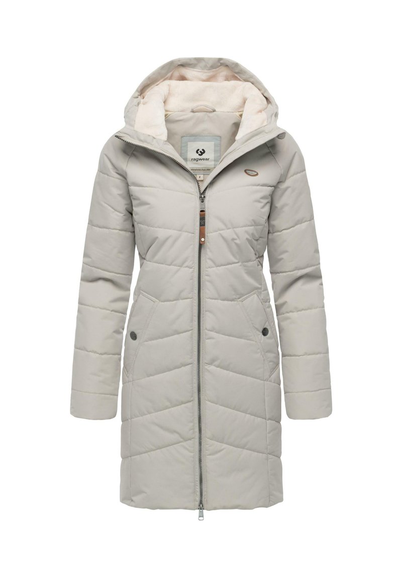 Padded grey coat with a zip front, two side pockets, and a hood. Interior features a soft, cream-colored lining. Diamond quilted pattern.