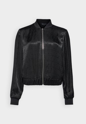 Melna bomber jaka ar teksturētu audumu, priekšējo rāvējslēdzēju, ribotas piedurknes un apakšmalu, ar ģeometrisku rakstu visā virsmā.