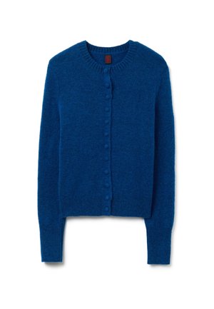 Cardigan blu con colletto rotondo, chiusura frontale con bottoni e polsini a costine. Realizzato in materiale morbido e strutturato. Senza motivi o dettagli.